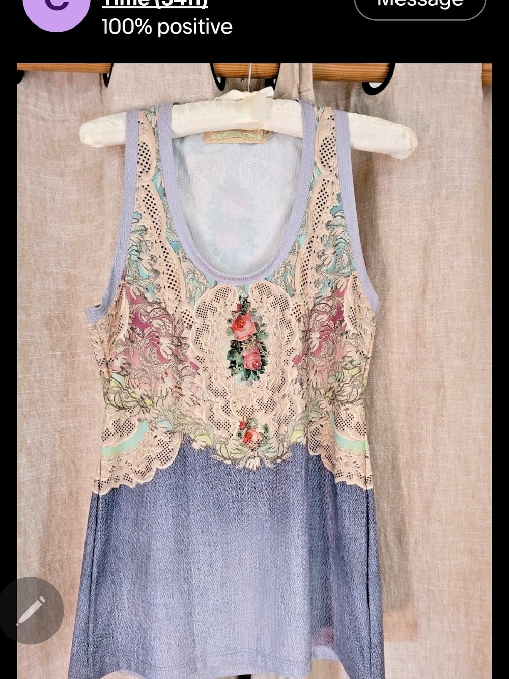 Michal Negrin Blue and Cream Floral Lace-Accent Tank Top